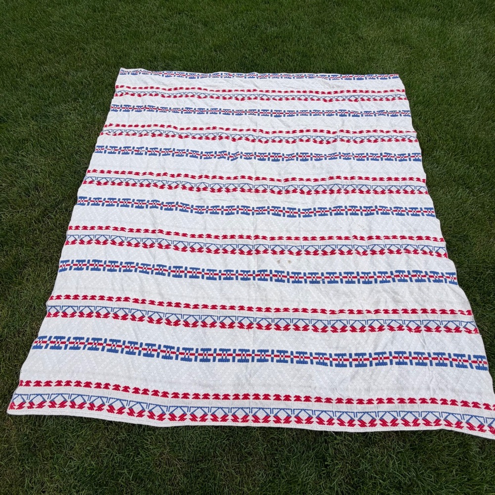 Vintage Woven Coverlet Red Blue Geometric Stripe White Textured Bedspread 84x73